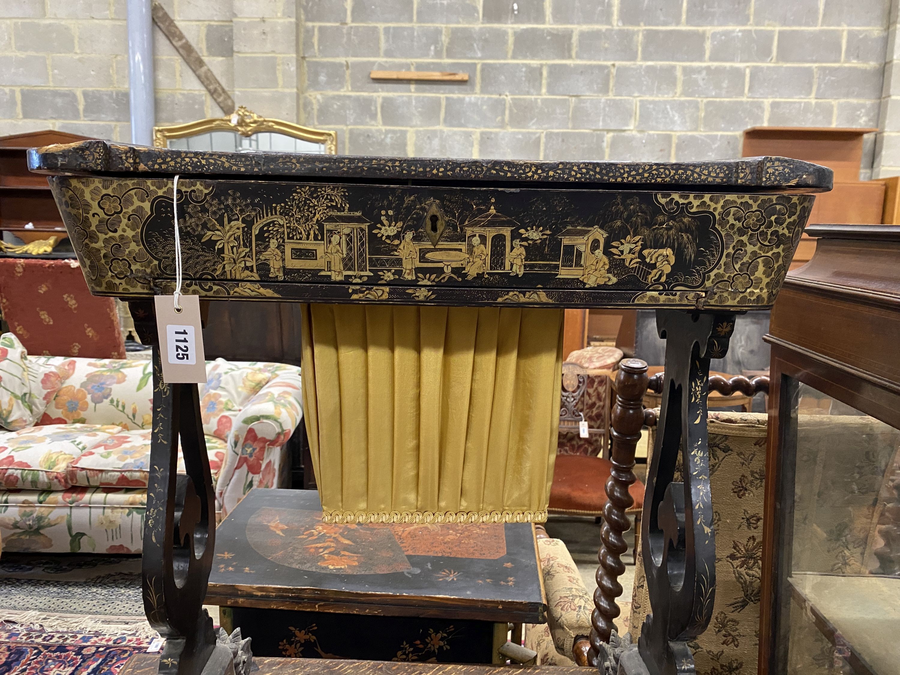 A 19th century export Chinese lacquer work table, width 64cm, depth 42cm, height 73cm